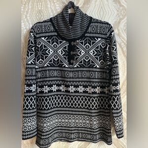 OBERMEYER womens L Wool Blend NORDIC Snowflake SWEATER Fairisle Black White SKI